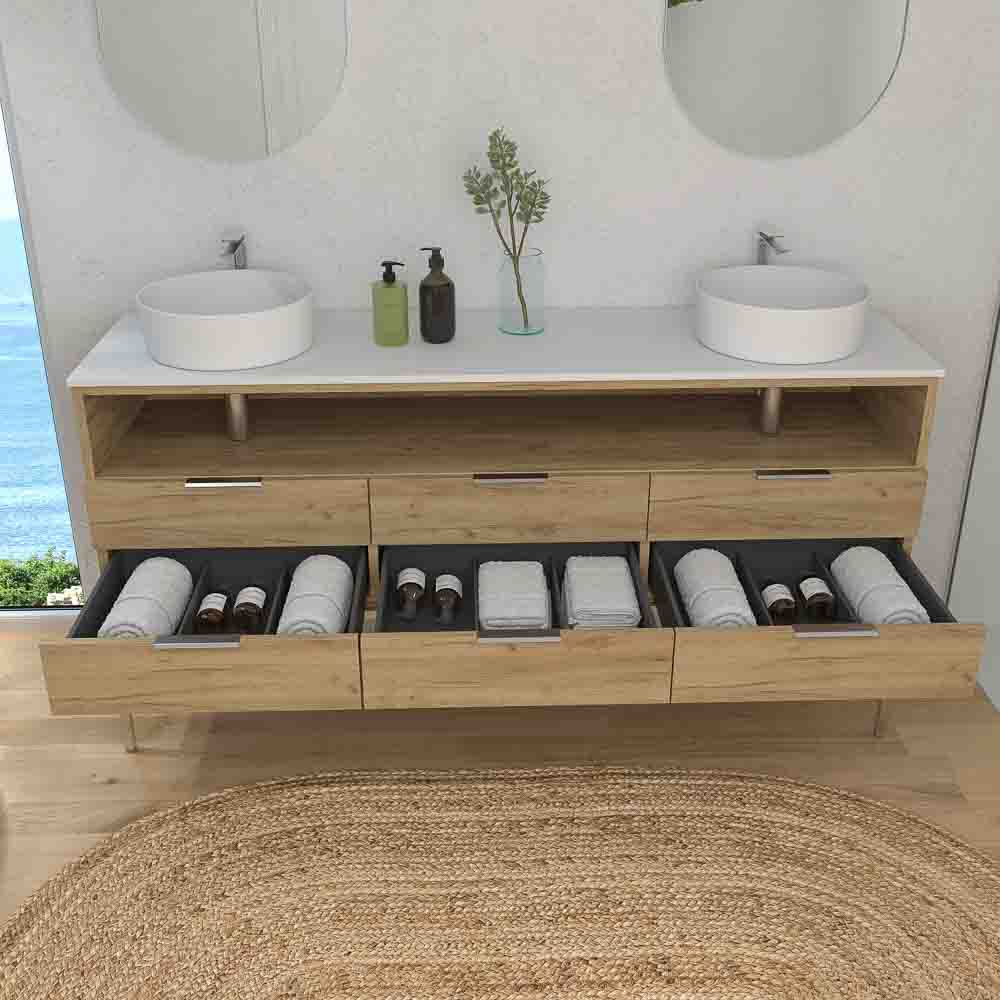 Mueble de baño ELLA con patas 6 cajones - 1 hueco con tapa SOLID SURFACE 2 lavabos ROBLE CLARO - Imagen 3