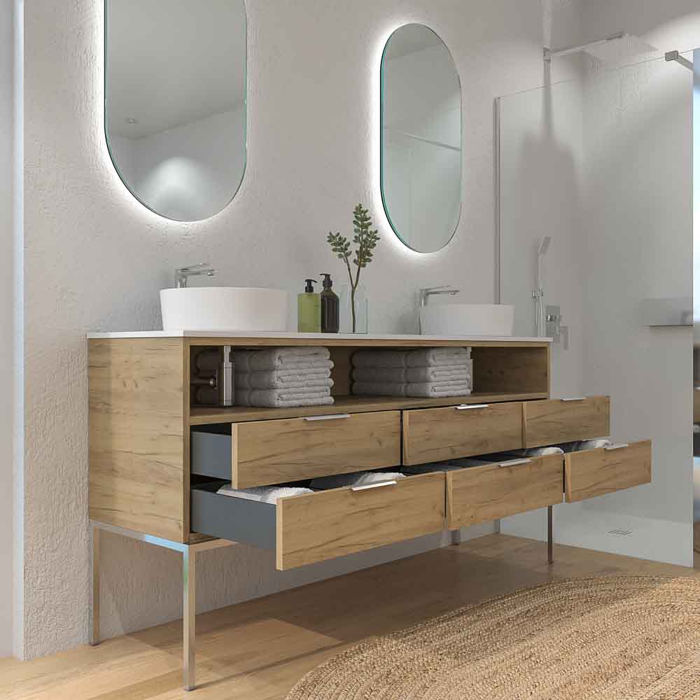 Mueble de baño ELLA con patas 6 cajones - 1 hueco con tapa SOLID SURFACE 2 lavabos ROBLE CLARO - Imagen 2