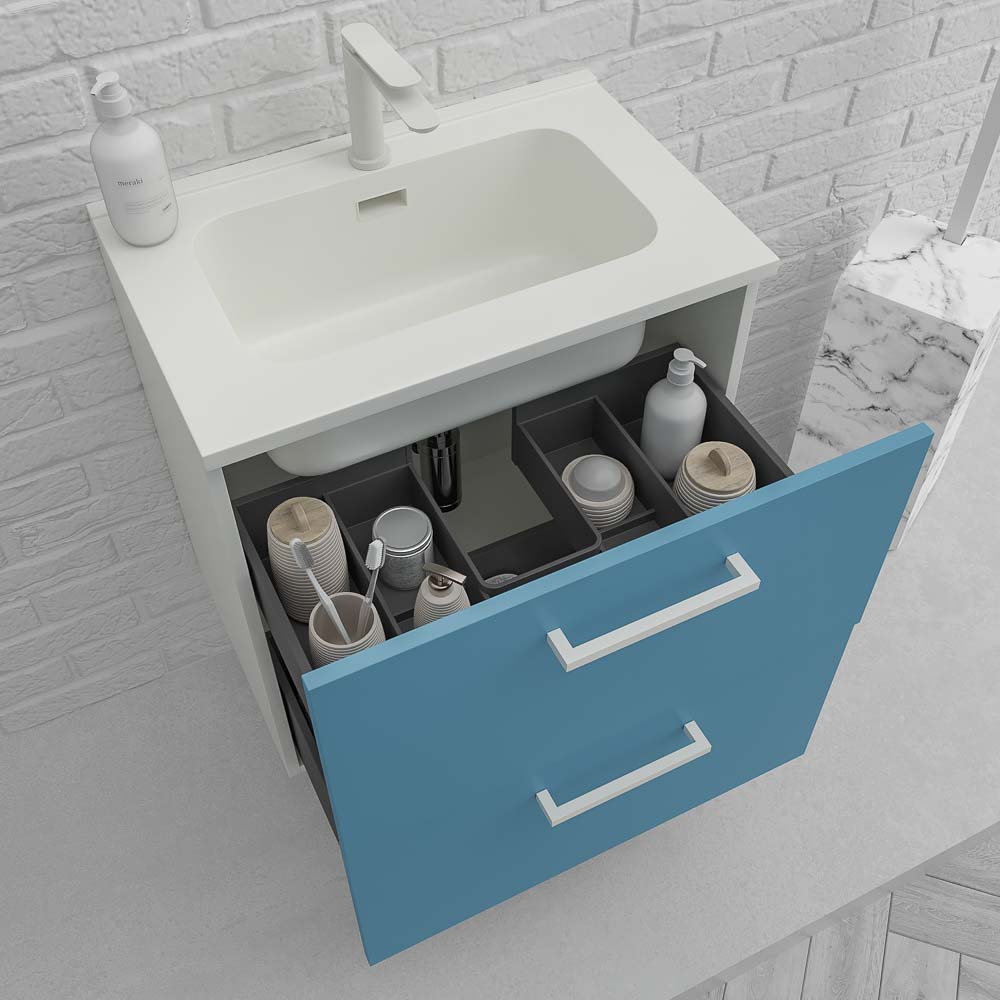 Mueble de baño suspendido NEXO 2 cajones fondo reducido 40 cm lacado mate con lavabo porcelana AZUL/BLANCO - Imagen 2