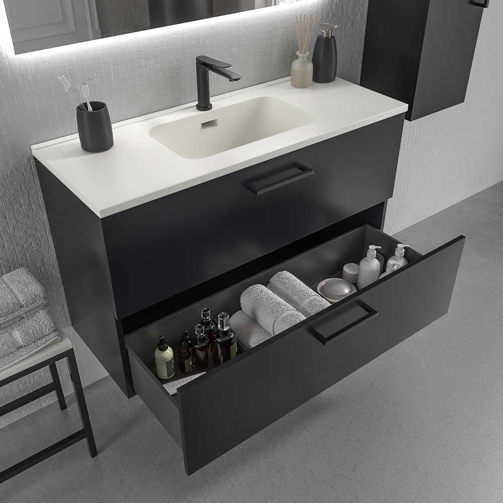 Mueble de baño suspendido NEXO 2 cajones fondo reducido 40 cm lacado mate con lavabo porcelana - Imagen 2
