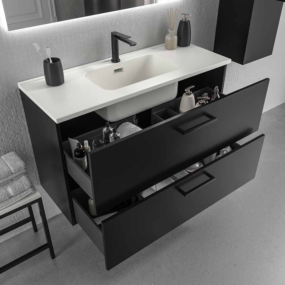 Mueble de baño suspendido NEXO 2 cajones fondo reducido 40 cm lacado mate con lavabo porcelana - Imagen 3