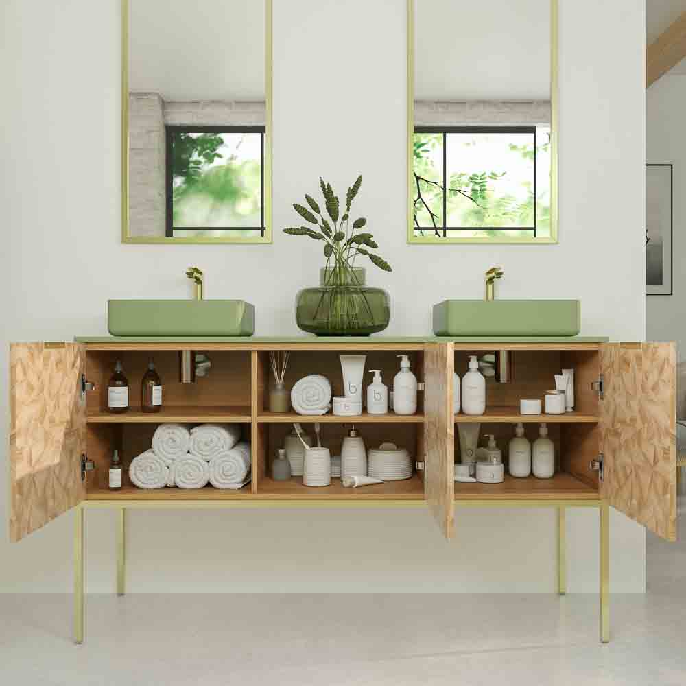 Mueble de baño OPERA con patas 3 puertas con encimera SOLID SURFACE 2 senos RAIZ OLMO - Imagen 5