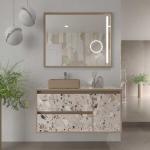 Mueble de baño suspendido 2 cajones/ 1 puerta UNICO efecto terrazo con lavabo SATET Solid Surface