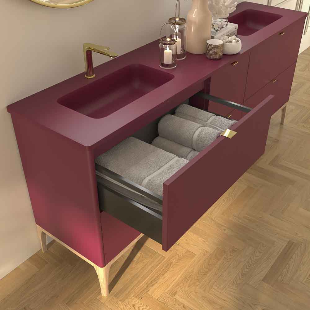 Mueble de baño VICENT con patas 6 cajones encimera Solid Surface 2 lavabos - Imagen 5