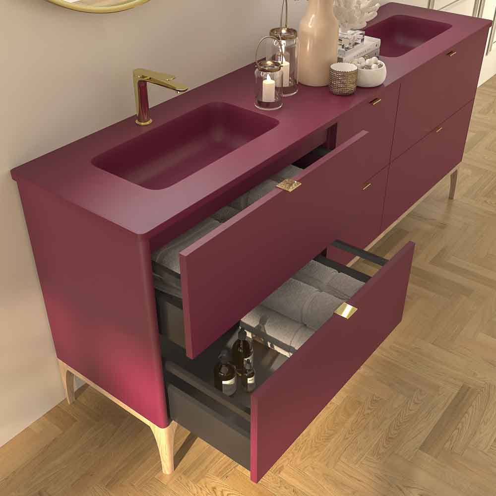 Mueble de baño VICENT con patas 6 cajones encimera Solid Surface 2 lavabos - Imagen 4