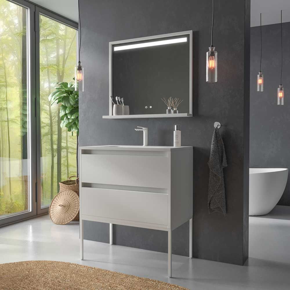 Mueble de baño con patas 2 cajones SMILE con lavabo Solid Surface BLANCO - Imagen 5