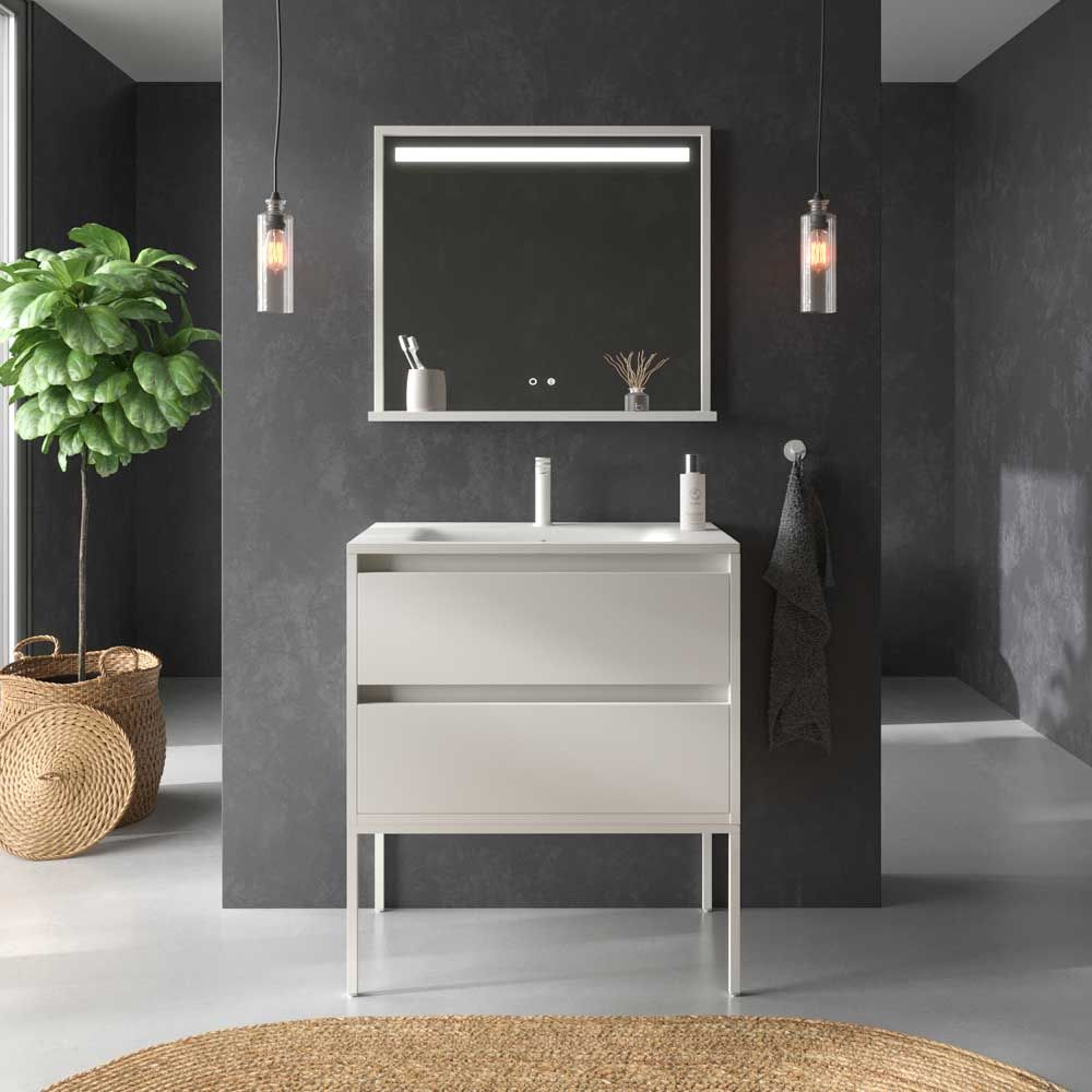 Mueble de baño con patas 2 cajones SMILE con lavabo Solid Surface BLANCO