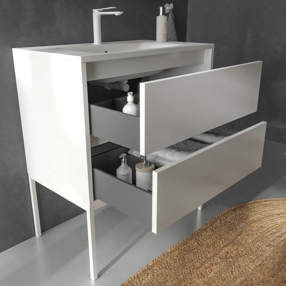 Mueble de baño con patas 2 cajones SMILE con lavabo Solid Surface BLANCO - Imagen 3