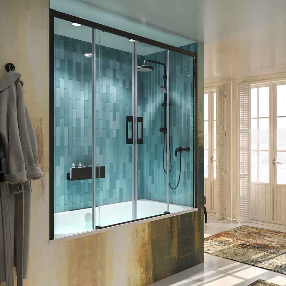 Mampara de bañera FLARE frontal 2 fijos - 2 puertas correderas NEGRO MATE