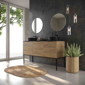 Mueble de baño ELLA con patas 3 puertas con tapa SOLID SURFACE 2 senos ROBLE CLARO