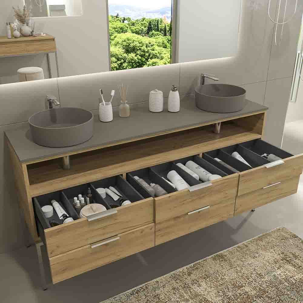 Mueble de baño ELLA con patas 6 cajones - 1 hueco con tapa SOLID SURFACE 2 lavabos ROBLE CLARO - Imagen 9