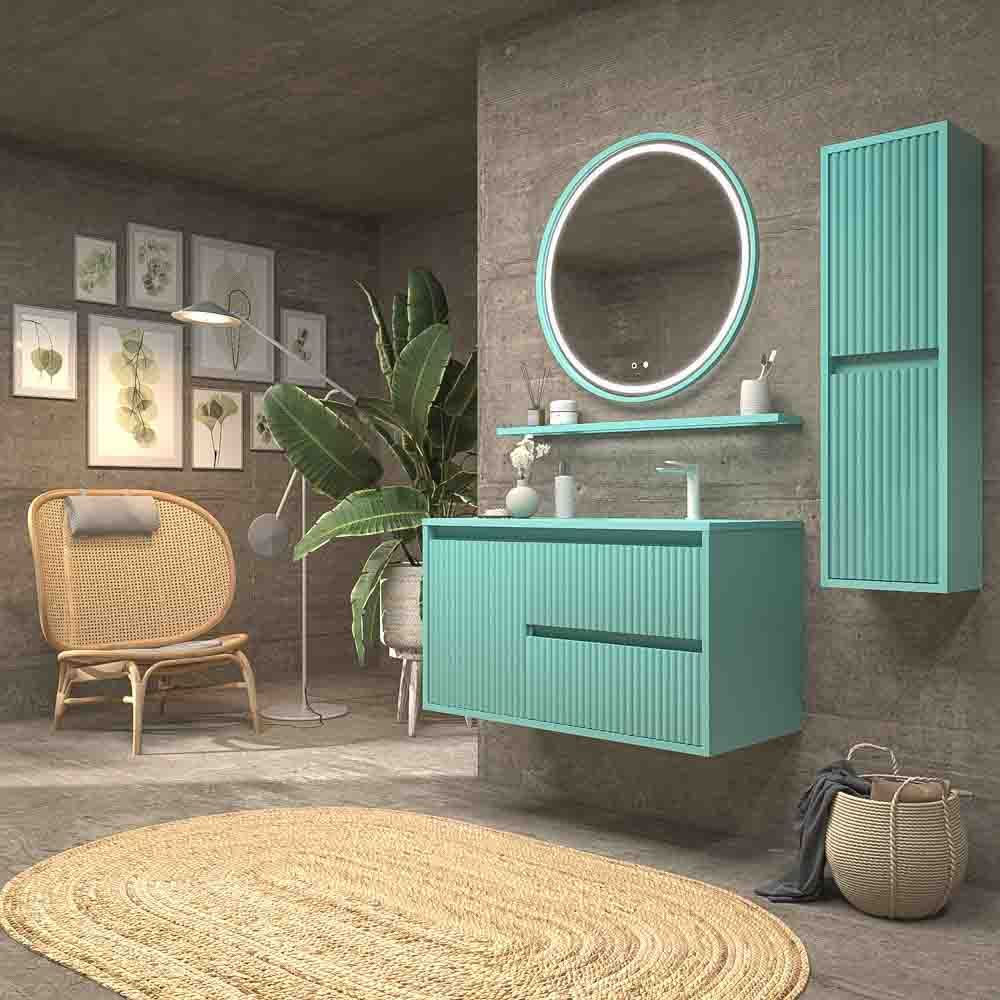 Mueble de baño suspendido 2 cajones / 1 puerta MILIA con lavabo Solid Surface VERDE LUMINOSO - Imagen 2
