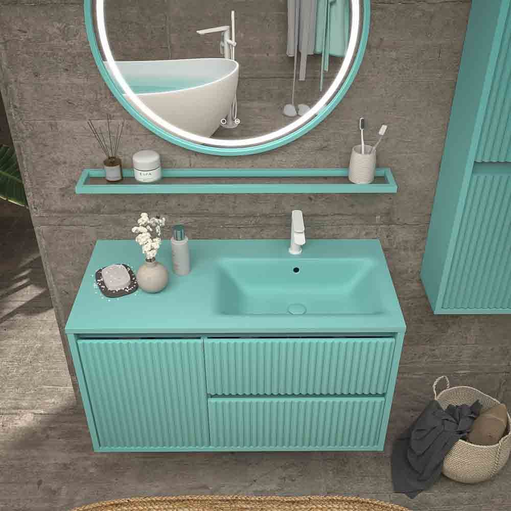 Mueble de baño suspendido 2 cajones / 1 puerta MILIA con lavabo Solid Surface VERDE LUMINOSO - Imagen 4