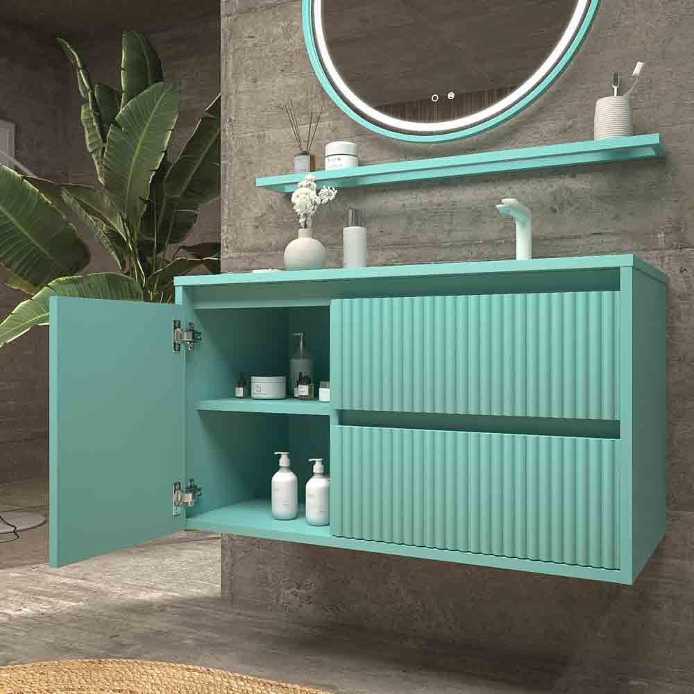 Mueble de baño suspendido 2 cajones / 1 puerta MILIA con lavabo Solid Surface VERDE LUMINOSO - Imagen 5