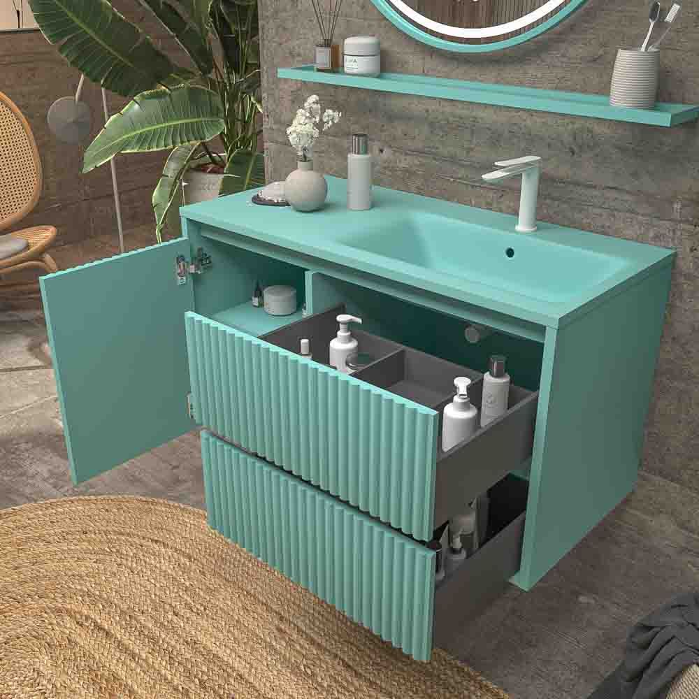 Mueble de baño suspendido 2 cajones / 1 puerta MILIA con lavabo Solid Surface VERDE LUMINOSO - Imagen 8