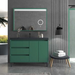 Mueble de baño BOX a suelo 120 cm 3 cajones / 2 puertas con lavabo resina 6 cm . VERDE PATINA