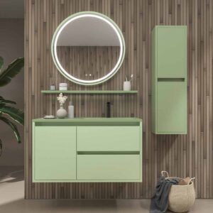 Mueble de baño suspendido 2 cajones / 1 puerta CLAIRE con lavabo Solid Surface VERDE PALIDO