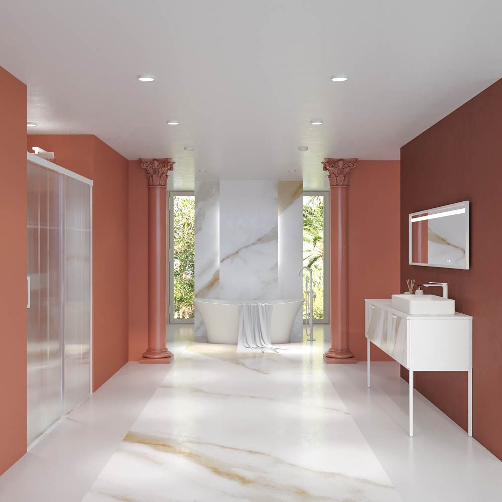 Mueble de baño GRATE con patas 2 cajones acabado mármol CALACATTA GOLD con tapa y lavabo SOLID SURFACE Fogo - Imagen 9