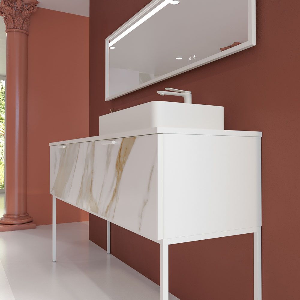 Mueble de baño GRATE con patas 2 cajones acabado mármol CALACATTA GOLD con tapa y lavabo SOLID SURFACE Fogo - Imagen 2