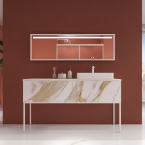 Mueble de baño GRATE con patas 2 cajones acabado mármol CALACATTA GOLD con tapa y lavabo SOLID SURFACE Fogo