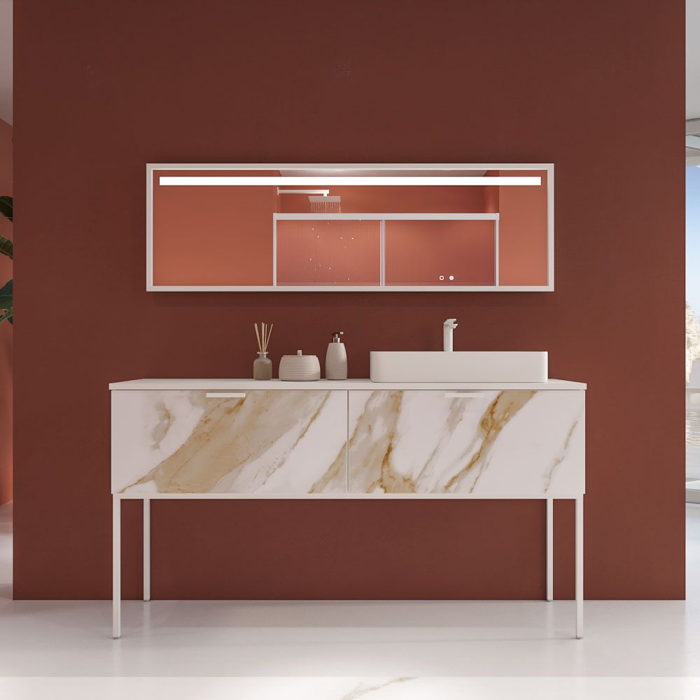 Mueble de baño GRATE con patas 2 cajones acabado mármol CALACATTA GOLD con tapa y lavabo SOLID SURFACE Fogo