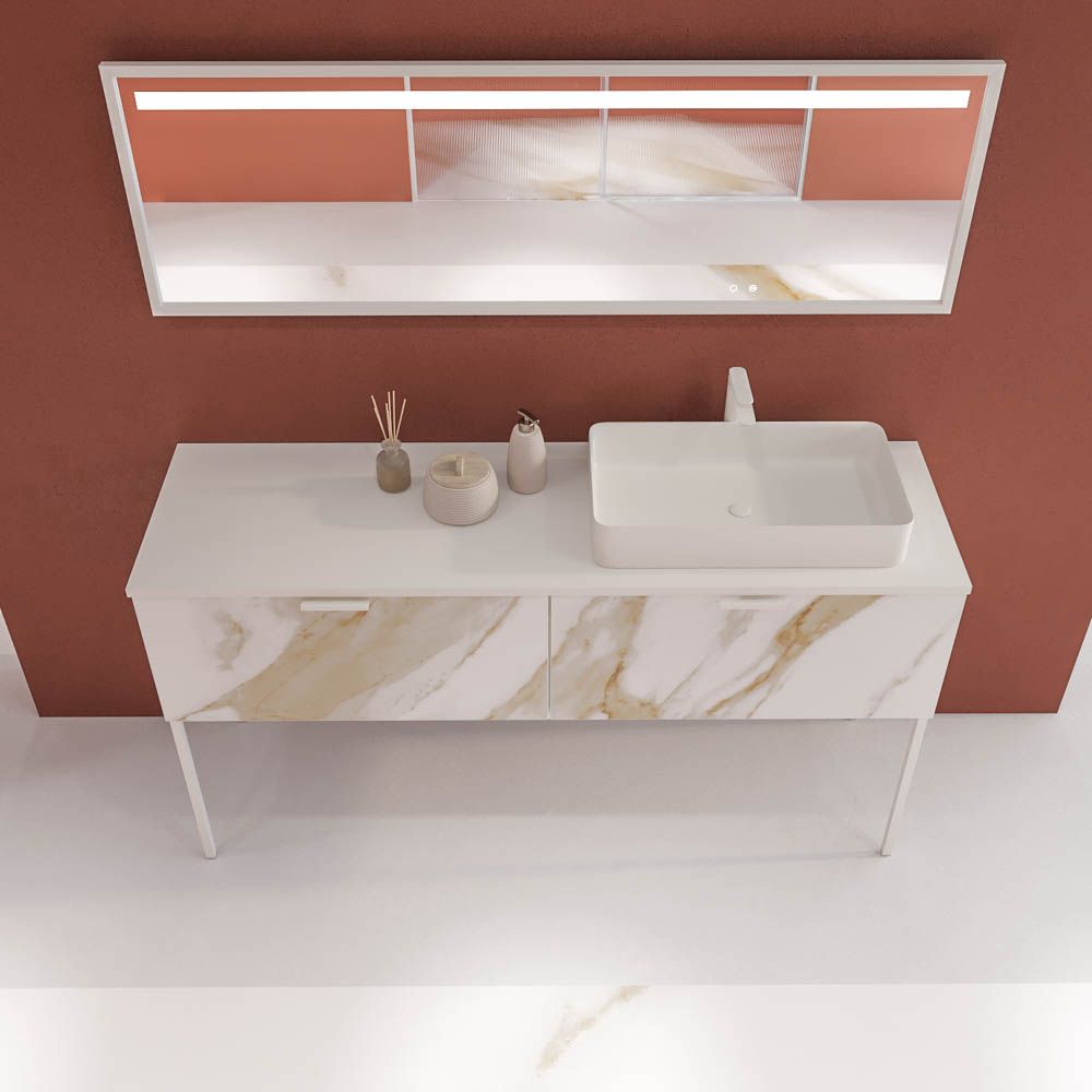 Mueble de baño GRATE con patas 2 cajones acabado mármol CALACATTA GOLD con tapa y lavabo SOLID SURFACE Fogo - Imagen 3