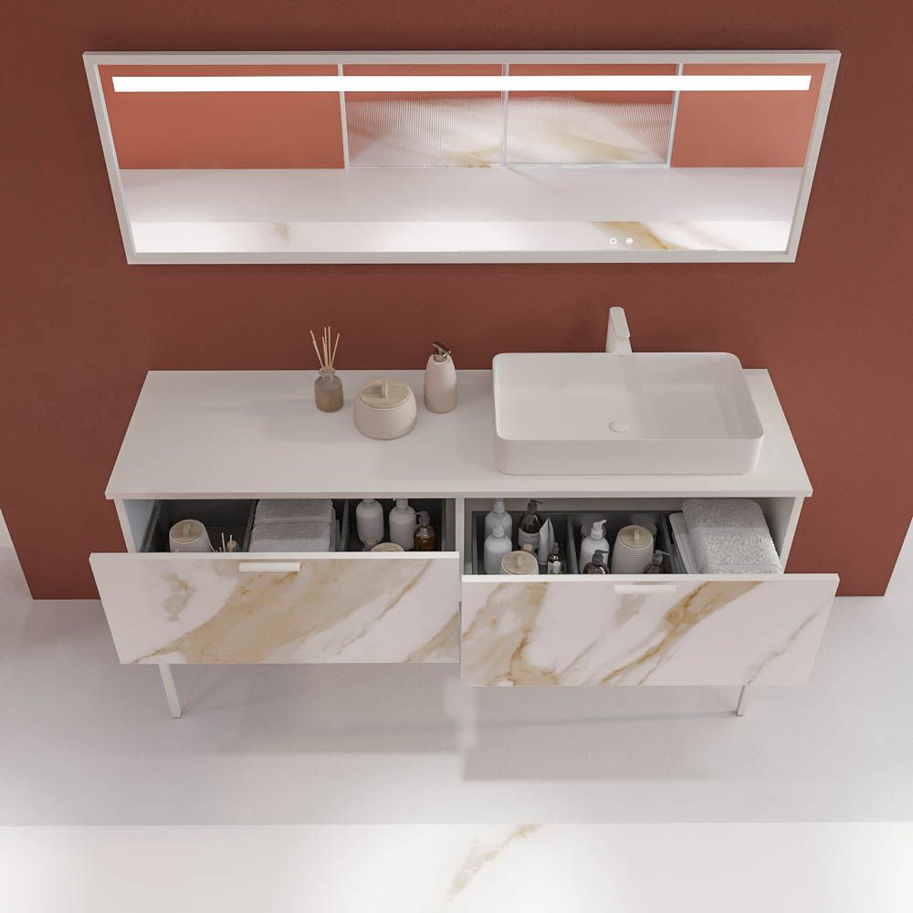 Mueble de baño GRATE con patas 2 cajones acabado mármol CALACATTA GOLD con tapa y lavabo SOLID SURFACE Fogo - Imagen 4