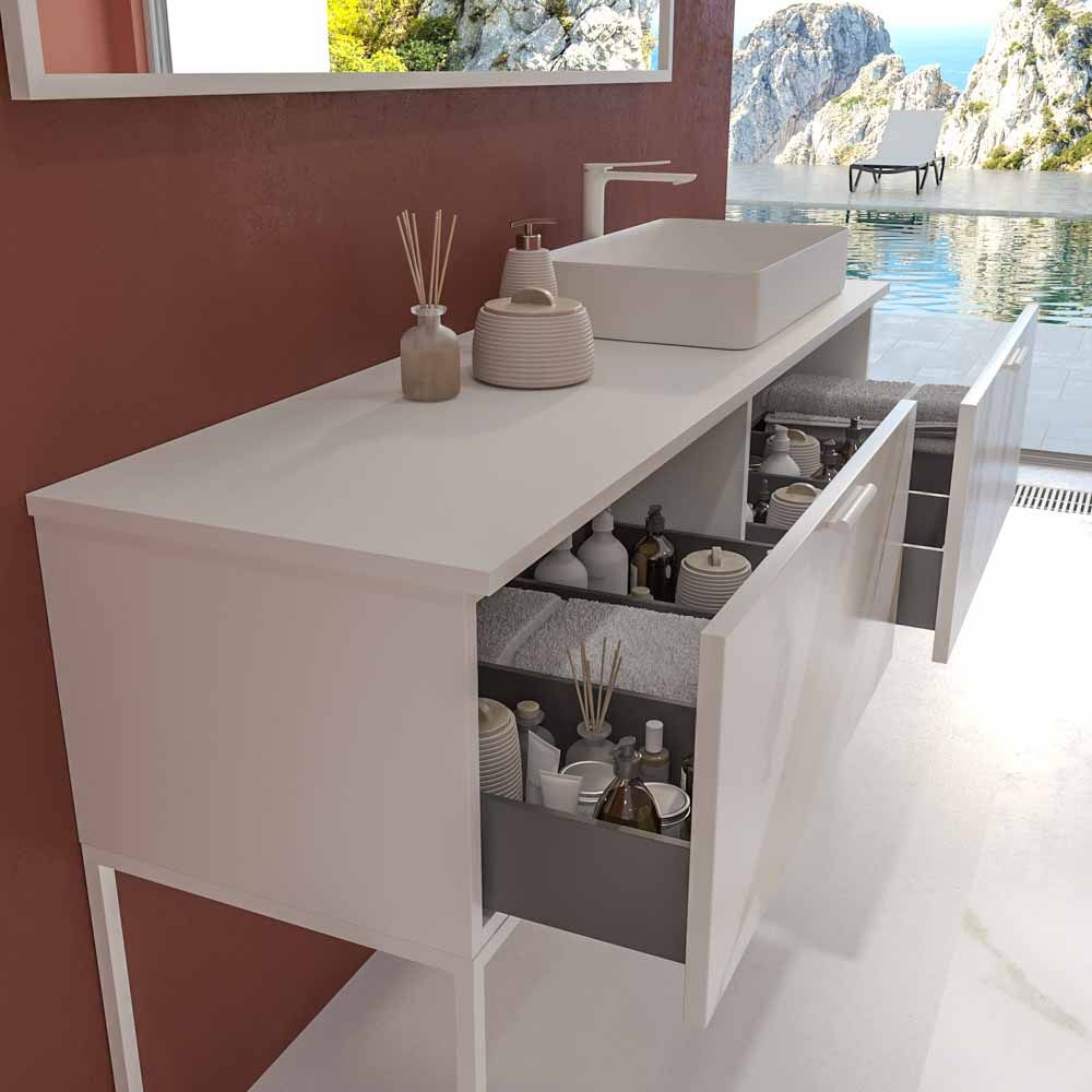 Mueble de baño GRATE con patas 2 cajones acabado mármol CALACATTA GOLD con tapa y lavabo SOLID SURFACE Fogo - Imagen 6