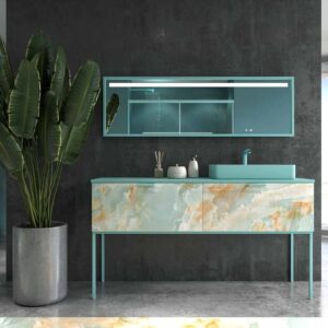 Mueble de baño GRATE con patas 2 cajones acabado mármol ONIX AZUL con tapa y lavabo SOLID SURFACE Fogo