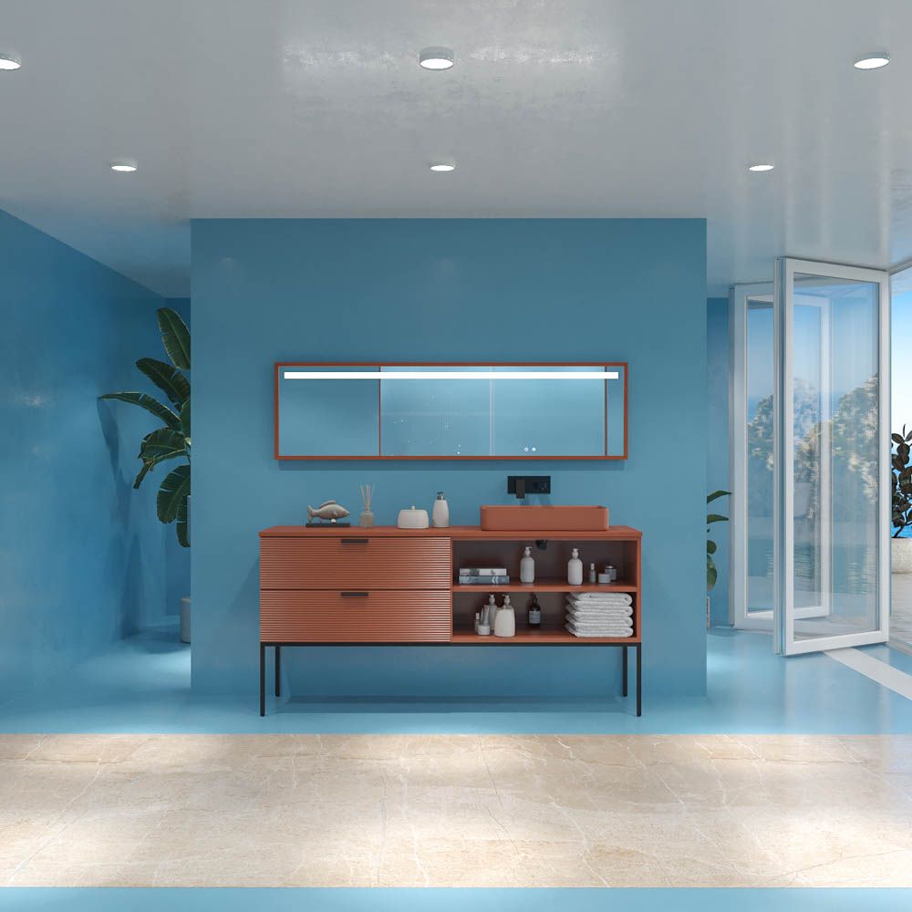 Mueble de baño HOLE con patas 2 cajones/1 hueco acabado COBRE PARDO con tapa y lavabo FOGO Solid Surface - Imagen 7