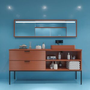 Mueble de baño HOLE con patas 2 cajones/1 hueco acabado COBRE PARDO con tapa y lavabo FOGO Solid Surface