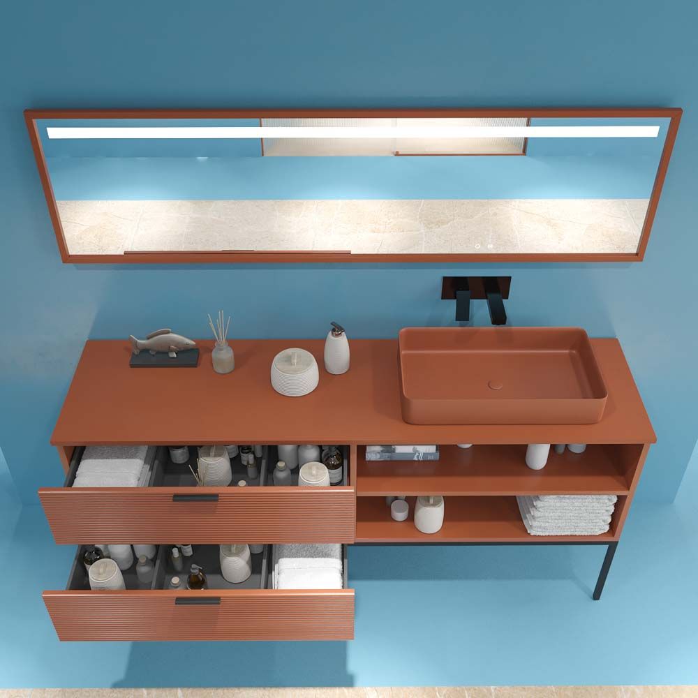 Mueble de baño HOLE con patas 2 cajones/1 hueco acabado COBRE PARDO con tapa y lavabo FOGO Solid Surface - Imagen 6