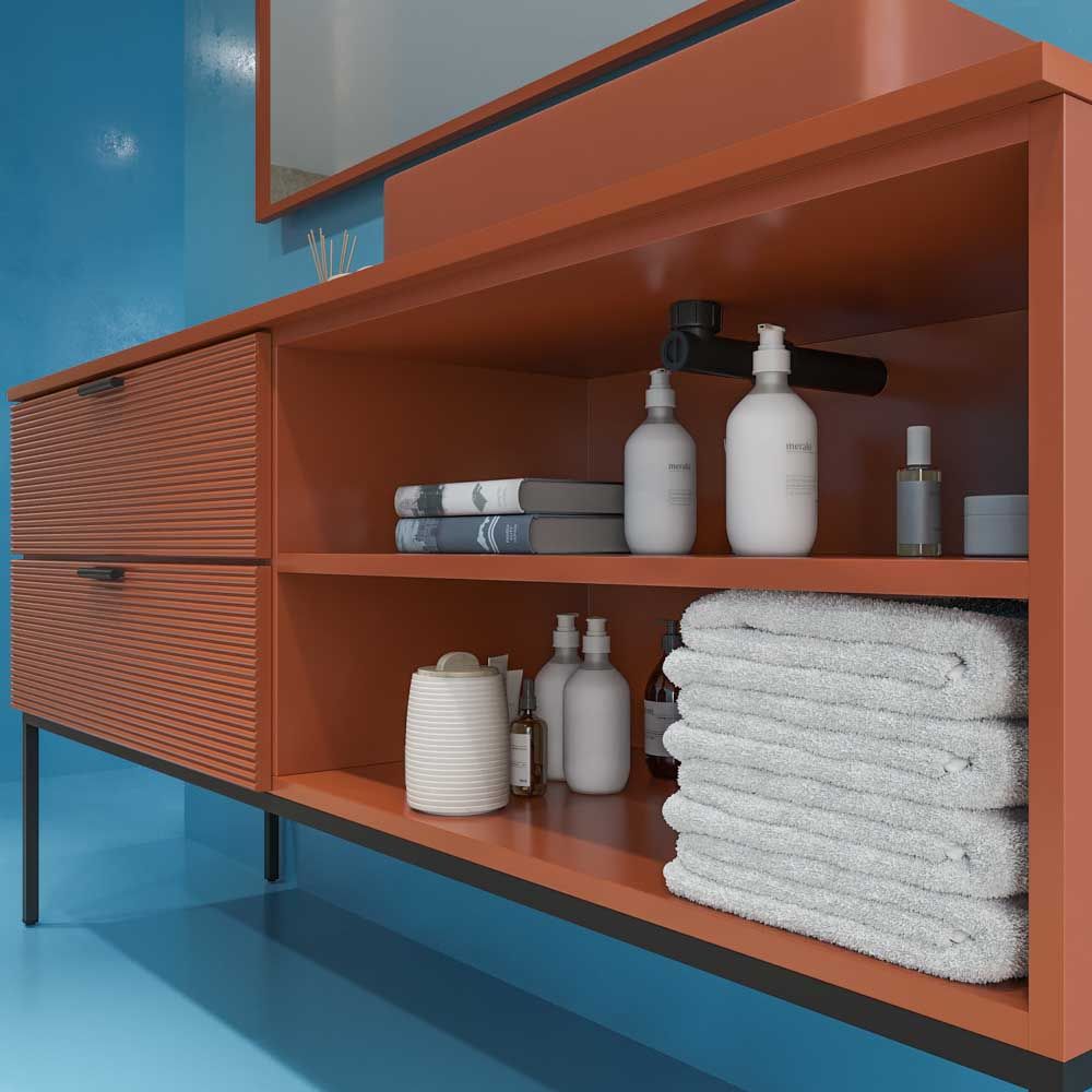 Mueble de baño HOLE con patas 2 cajones/1 hueco acabado COBRE PARDO con tapa y lavabo FOGO Solid Surface - Imagen 4