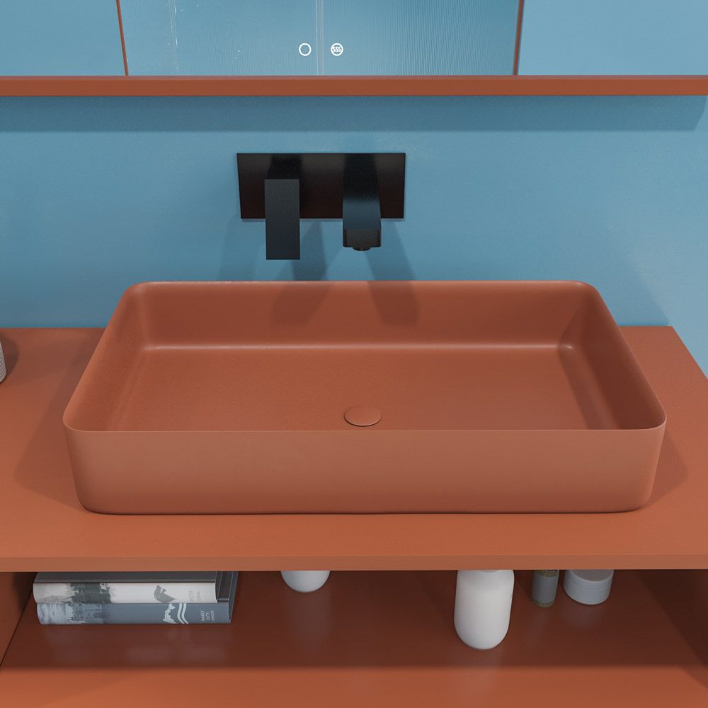 Mueble de baño HOLE con patas 2 cajones/1 hueco acabado COBRE PARDO con tapa y lavabo FOGO Solid Surface - Imagen 9
