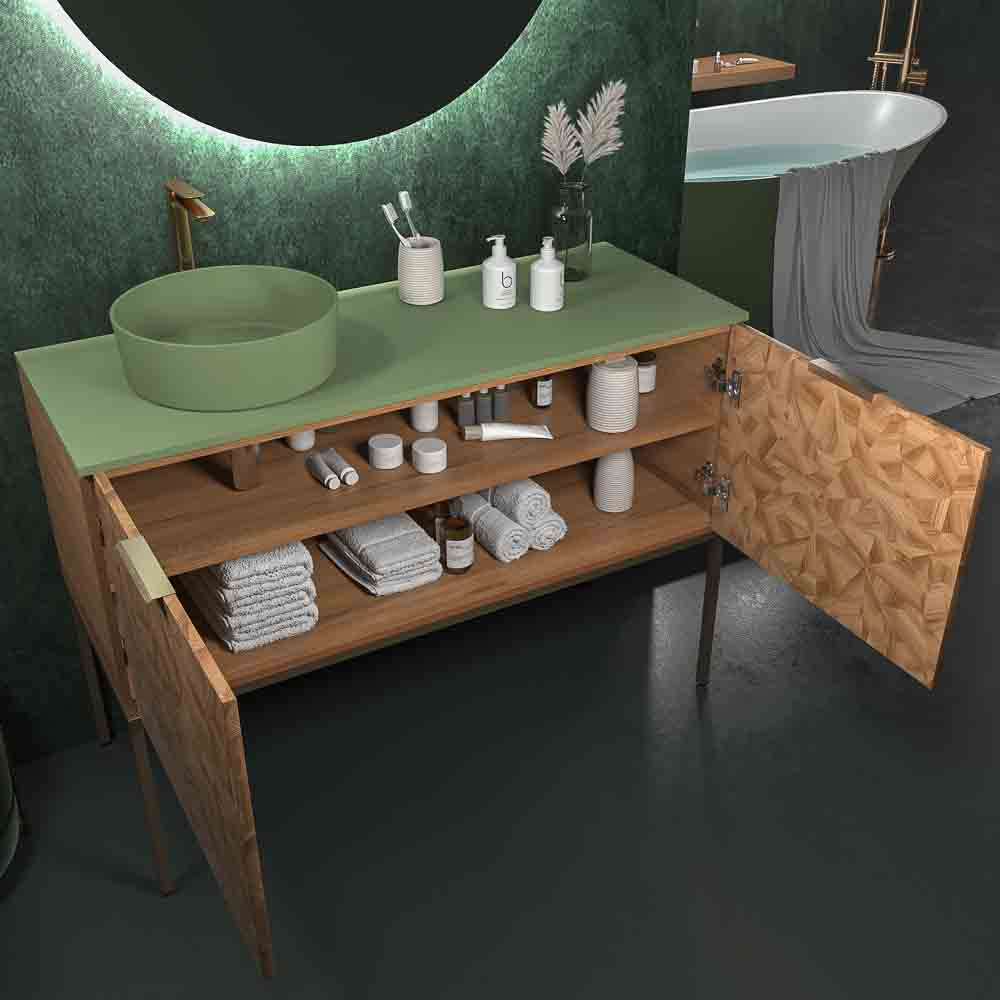 Mueble de baño OPERA con patas 2 puertas con encimera SOLID SURFACE 1 seno RAIZ OLMO - Imagen 3