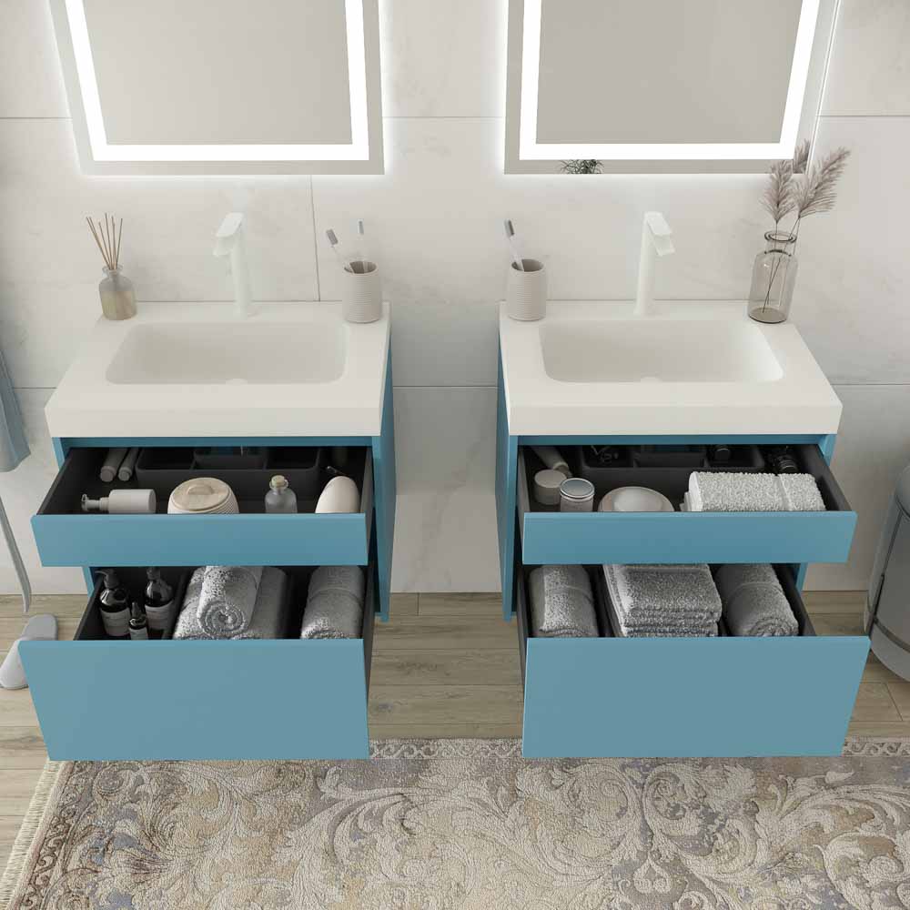 Mueble de baño suspendido 2 cajones PETRA con lavabo resina acabado BLANCO - Imagen 2