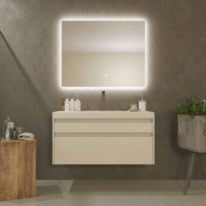 Mueble de baño suspendido 2 cajones PETRA con lavabo resina acabado CREMA