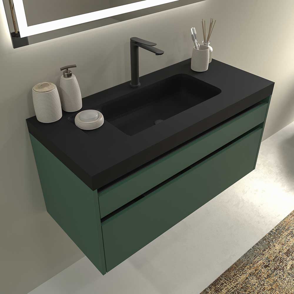 Mueble de baño suspendido 2 cajones PETRA con lavabo resina acabado NEGRO mate - Imagen 3