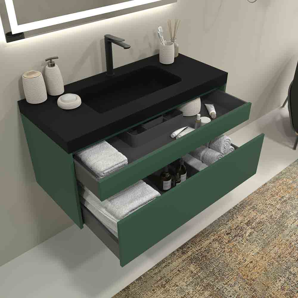 Mueble de baño suspendido 2 cajones PETRA con lavabo resina acabado NEGRO mate - Imagen 2