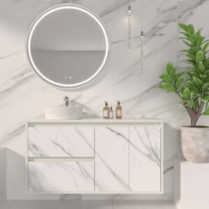 Mueble de baño suspendido 2 cajones/ 2 puertas UNICO con lavabo OSIRIS Solid Surface efecto mármol CALACATTA
