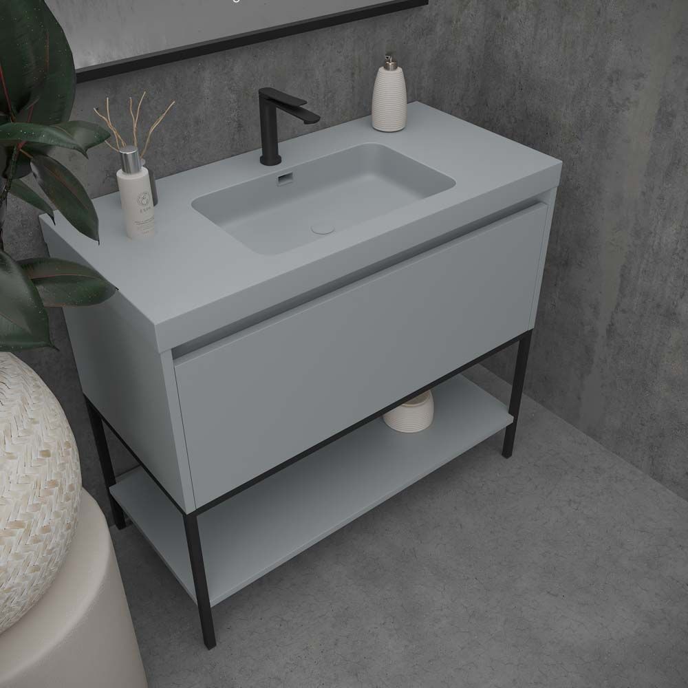 Mueble de baño ELEN con patas 1 cajón - 1 balda inferior GRIS CEMENTO / NEGRO - Imagen 2