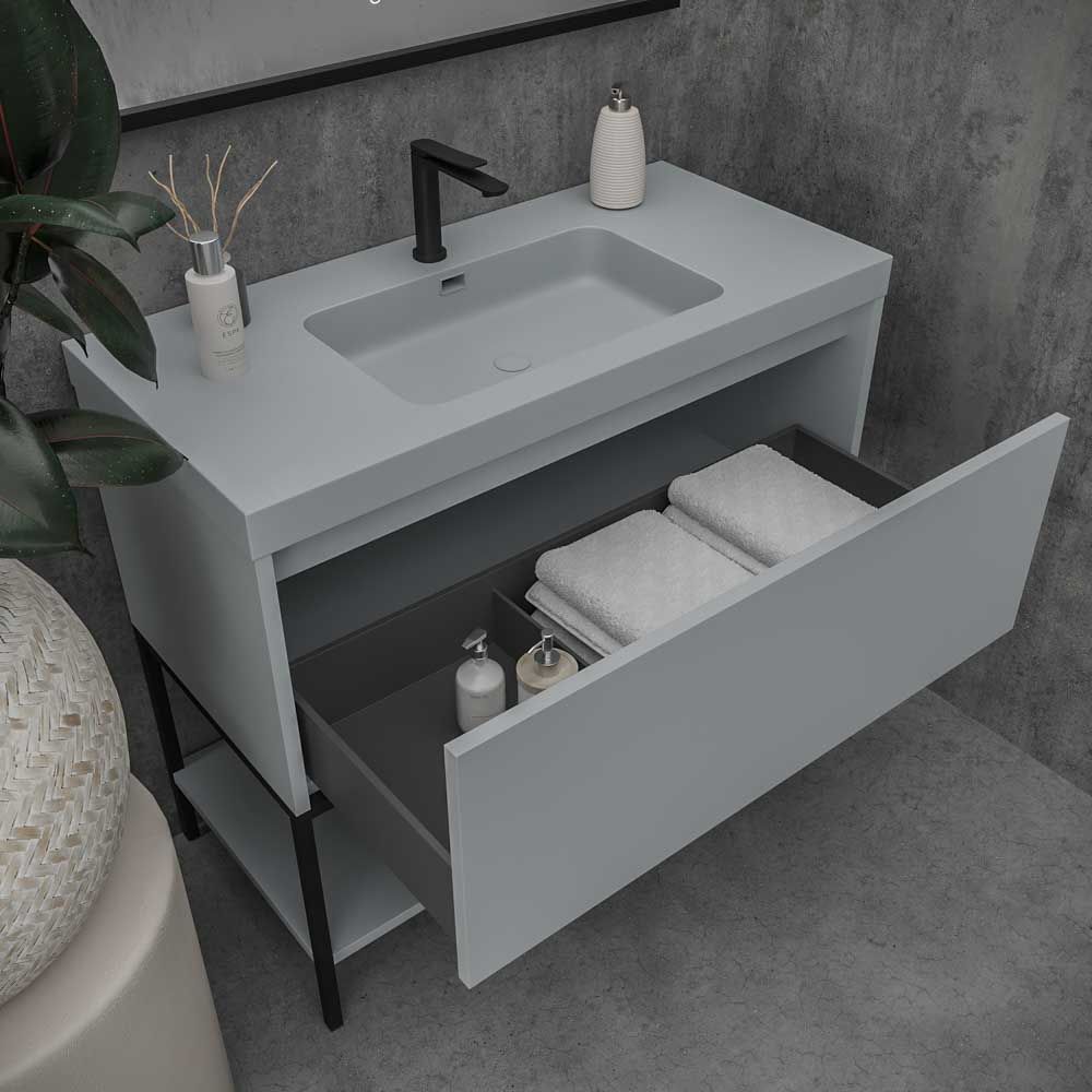 Mueble de baño ELEN con patas 1 cajón - 1 balda inferior GRIS CEMENTO / NEGRO - Imagen 4