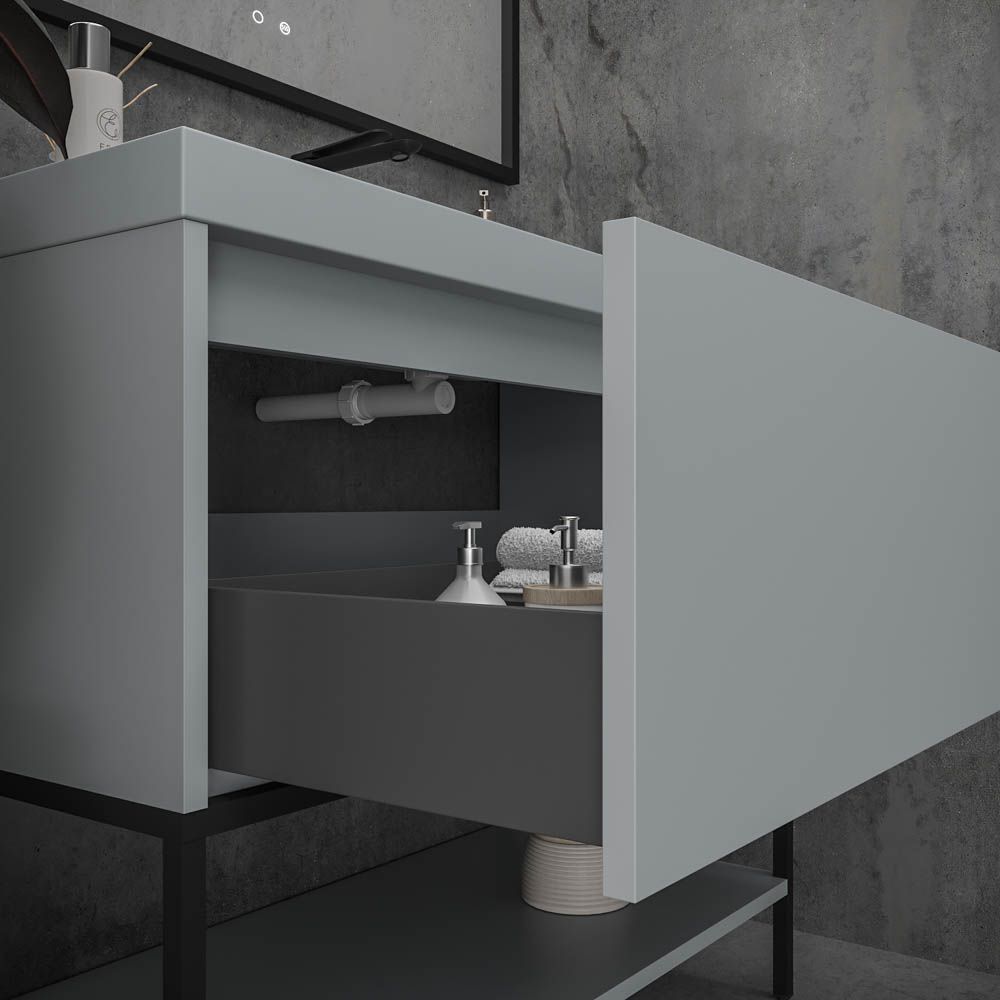 Mueble de baño ELEN con patas 1 cajón - 1 balda inferior GRIS CEMENTO / NEGRO - Imagen 5