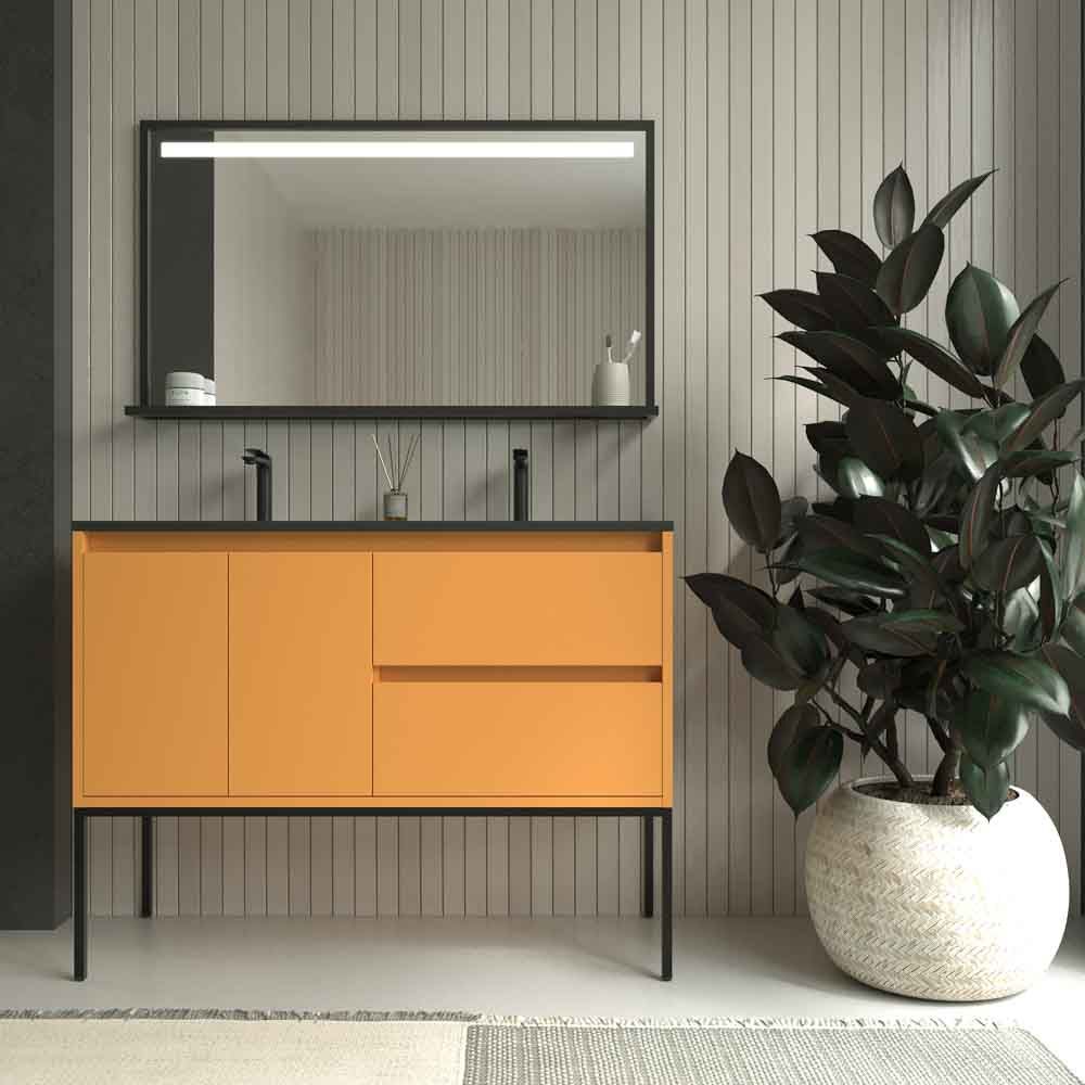 Mueble de baño con patas 2 cajones - 2 puertas SMILE con lavabo Solid Surface 2 senos AMARILLO AZAFRAN