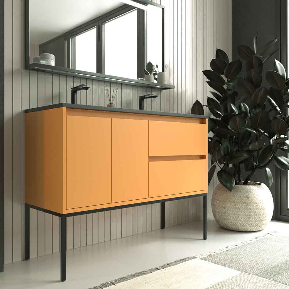 Mueble de baño con patas 2 cajones - 2 puertas SMILE con lavabo Solid Surface 2 senos AMARILLO AZAFRAN - Imagen 3