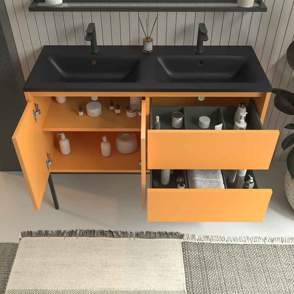 Mueble de baño con patas 2 cajones - 2 puertas SMILE con lavabo Solid Surface 2 senos AMARILLO AZAFRAN - Imagen 5