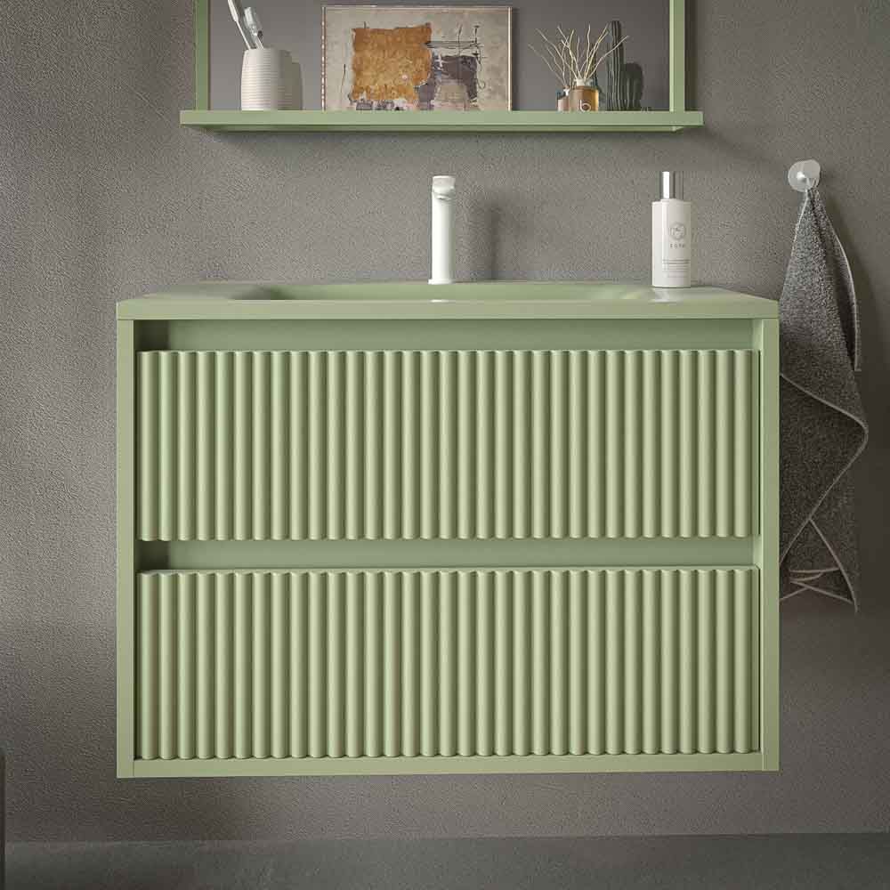 Mueble de baño suspendido 2 cajones MILIA con lavabo Solid Surface VERDE PALIDO - Imagen 2