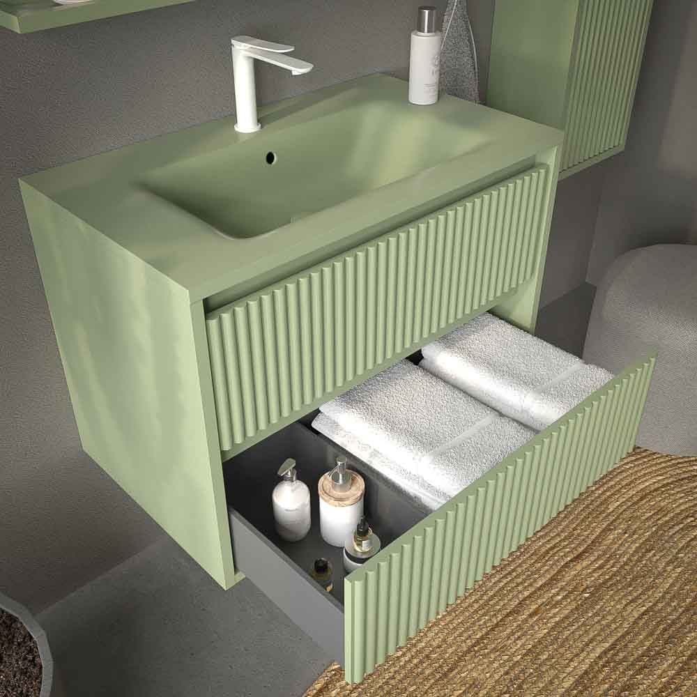 Mueble de baño suspendido 2 cajones MILIA con lavabo Solid Surface VERDE PALIDO - Imagen 6