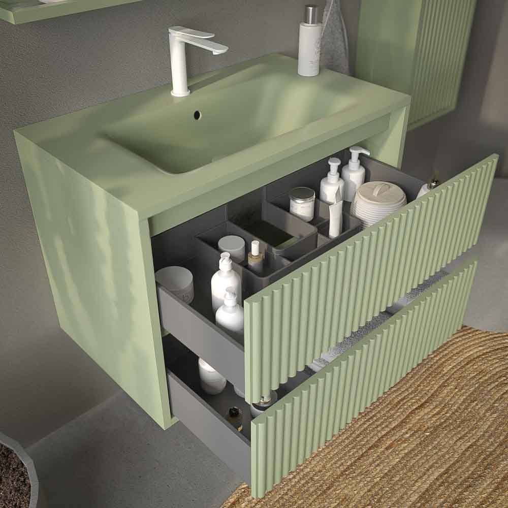 Mueble de baño suspendido 2 cajones MILIA con lavabo Solid Surface VERDE PALIDO - Imagen 5