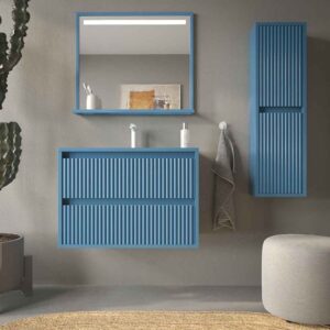 Mueble de baño suspendido 2 cajones MILIA con lavabo Solid Surface AZUL LEJANIA